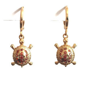 Gold Turtle Earrings with Garnet Rhinestones